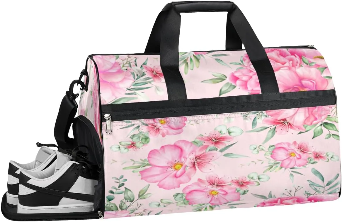 Flowers Pattern Sports Gym Bag with Wet Pocket & Shoes Compartment Waterproof Workout Duffel Bag for Women and Men Weekender Overnight Duffle Bag Travel Carry-on Tote