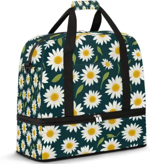 Foldable Travel Duffel Bag Tote Carry on Luggage Bag Cute Cartoon Daisy Flower Sports Gym Bag with Shoes Compartment Small Overnight Weekender Bag for Women Men