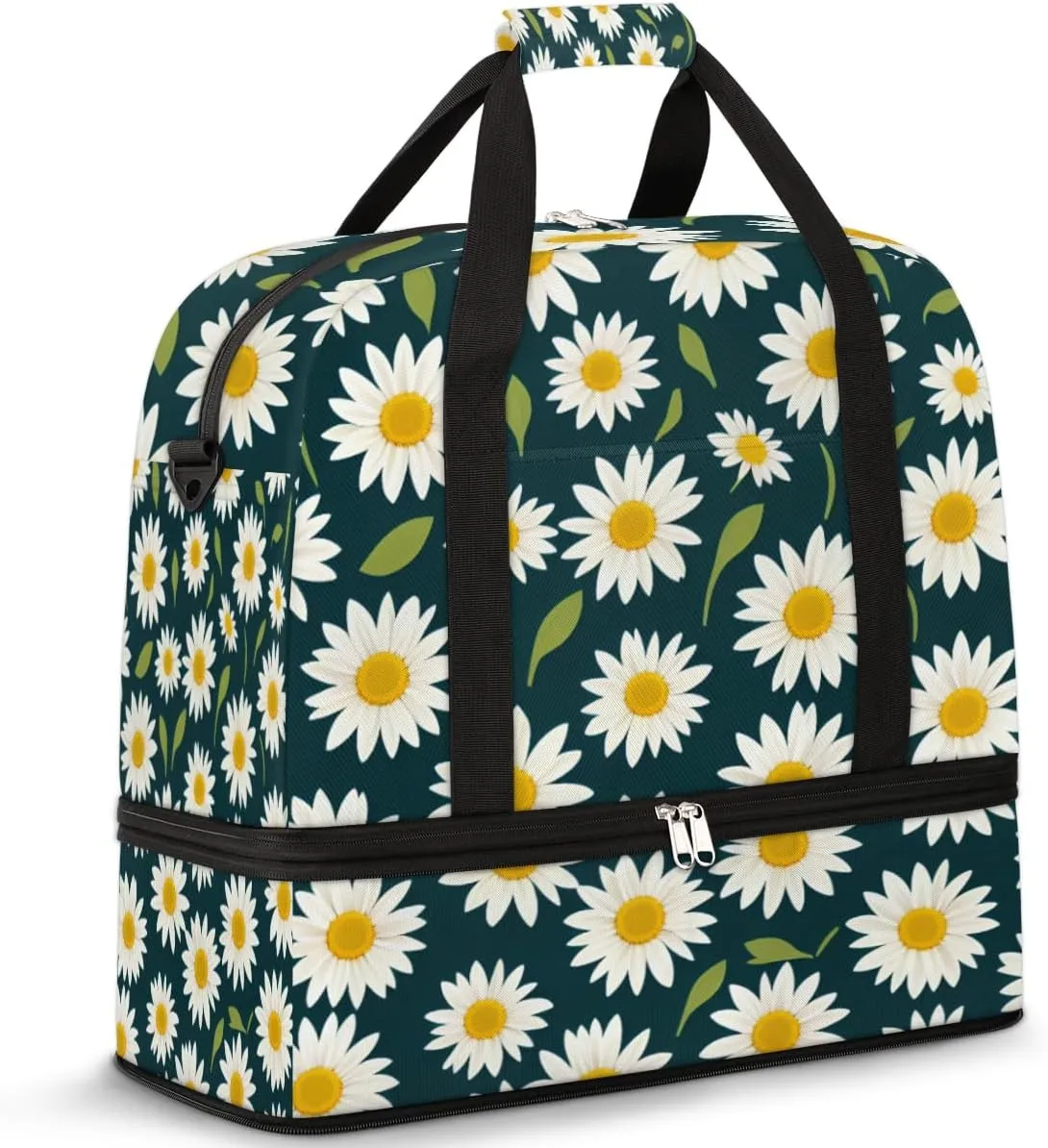 Foldable Travel Duffel Bag Tote Carry on Luggage Bag Cute Cartoon Daisy Flower Sports Gym Bag with Shoes Compartment Small Overnight Weekender Bag for Women Men