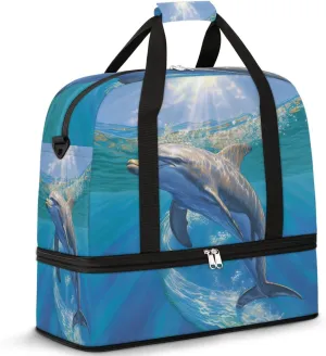 Foldable Travel Duffel Bag Tote Carry on Luggage Bag Ocean Dolphin In Sunny Day Sports Gym Bag with Shoes Compartment Small Overnight Weekender Bag for Women Men