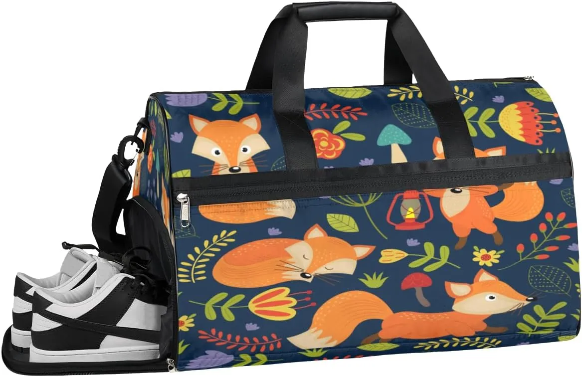Fox Animal Sports Gym Bag with Wet Pocket & Shoes Compartment Waterproof Workout Duffel Bag for Women and Men Weekender Overnight Duffle Bag Travel Carry-on Tote