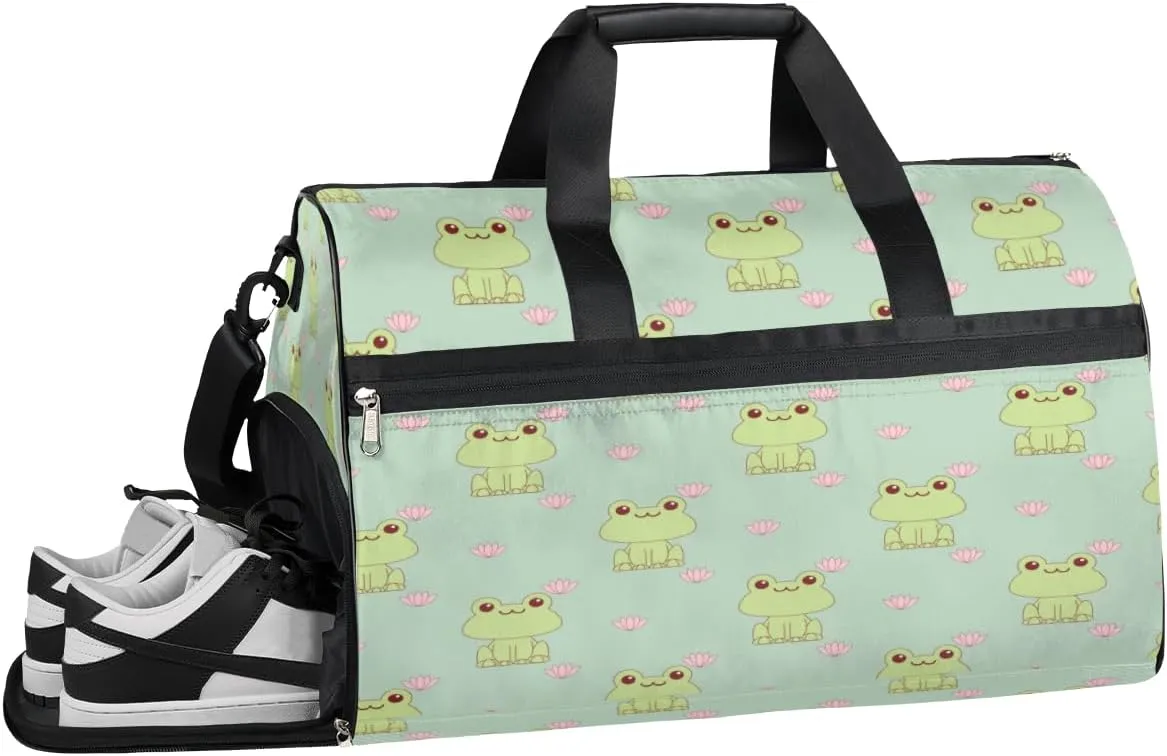 Frog Pattern Sports Gym Bag with Wet Pocket & Shoes Compartment Waterproof Workout Duffel Bag for Women and Men Weekender Overnight Duffle Bag Travel Carry-on Tote
