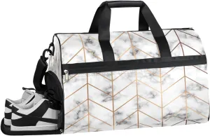 Geometric Line Golden Marble Sports Gym Bag for Women and Men Travel Duffel Bag Overnight Shoulder Bag Waterproof Workout Bag Portable Sports Tote with Shoes Compartment