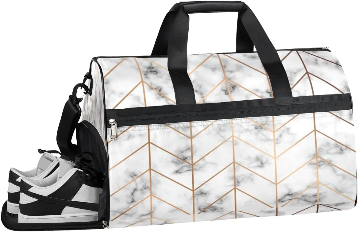 Geometric Line Golden Marble Sports Gym Bag for Women and Men Travel Duffel Bag Overnight Shoulder Bag Waterproof Workout Bag Portable Sports Tote with Shoes Compartment