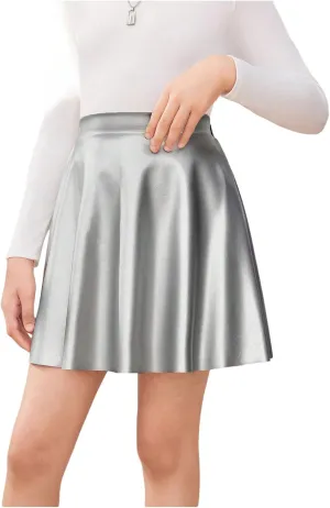 Girl's Faux Leather Pleated Mini Skirt High Waisted Flared Skater Skirts