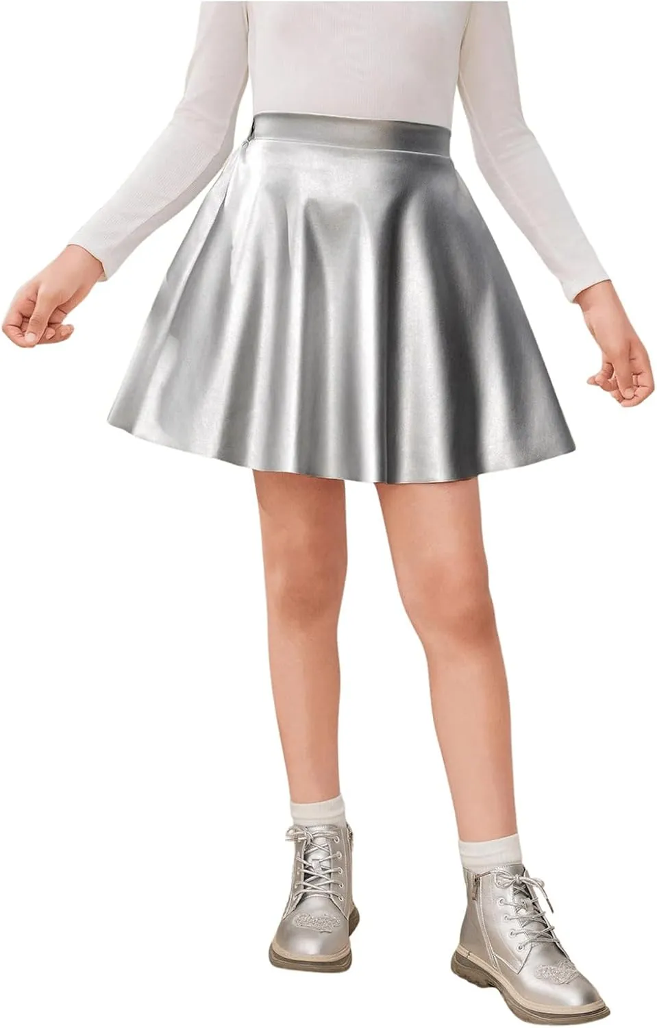 Girl's Faux Leather Pleated Mini Skirt High Waisted Flared Skater Skirts