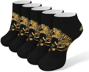Gold Tiger with Floral Tail 5 Pairs Low Cut Ankle Socks for Men Women Athletic Running Socks No Show Breathable