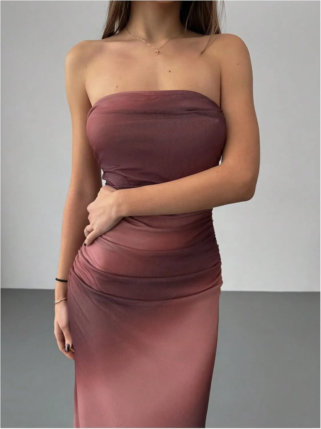 GORGLITTER Women's Mesh Strapless Ruched Bodycon Maxi Dress Wedding Guest Prom Cocktail Summer Y2k Long Tube Dresses