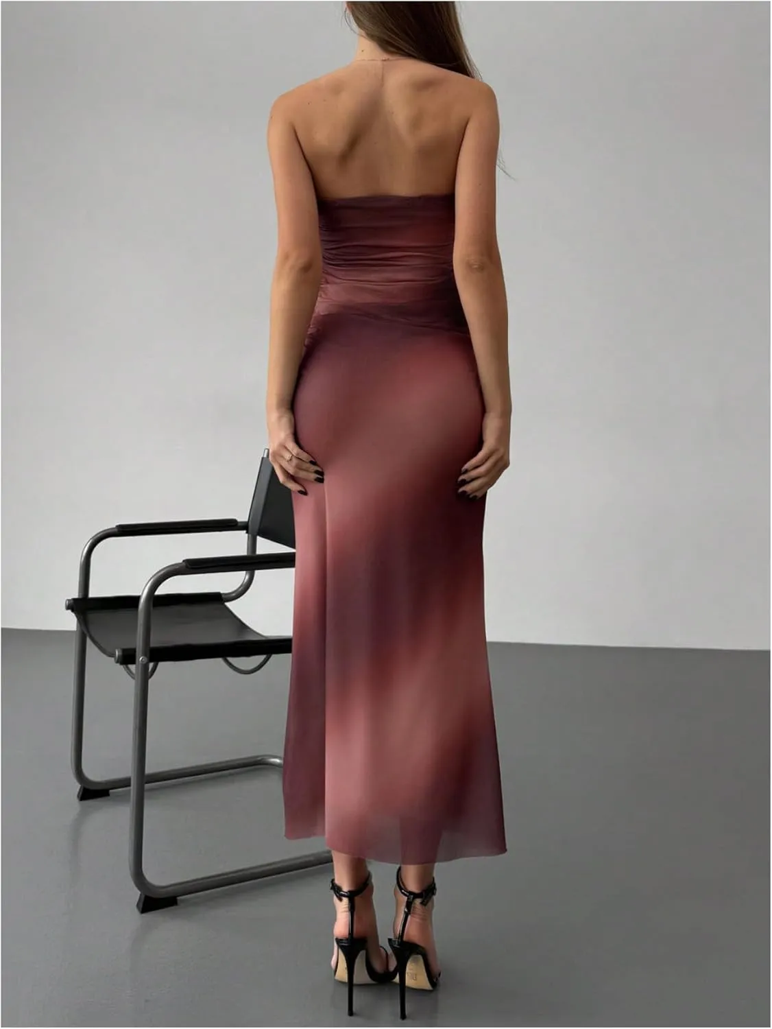 GORGLITTER Women's Mesh Strapless Ruched Bodycon Maxi Dress Wedding Guest Prom Cocktail Summer Y2k Long Tube Dresses