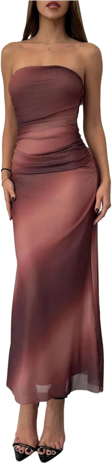 GORGLITTER Women's Mesh Strapless Ruched Bodycon Maxi Dress Wedding Guest Prom Cocktail Summer Y2k Long Tube Dresses