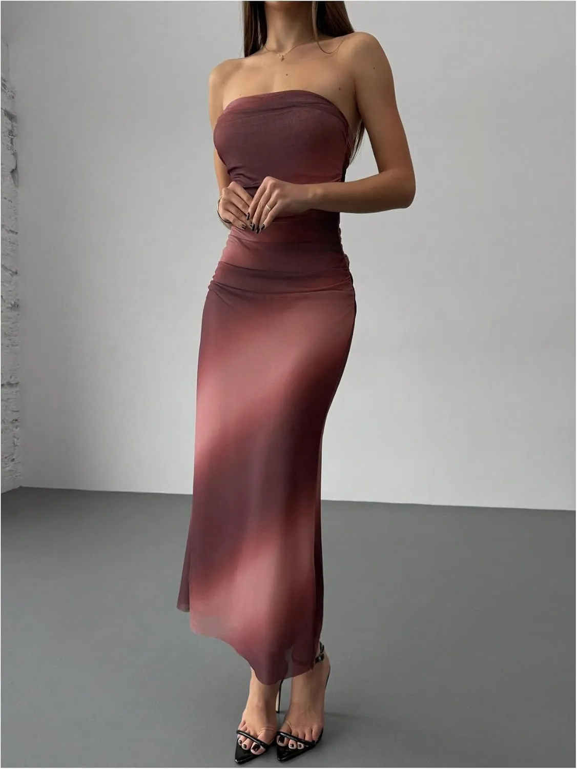 GORGLITTER Women's Mesh Strapless Ruched Bodycon Maxi Dress Wedding Guest Prom Cocktail Summer Y2k Long Tube Dresses