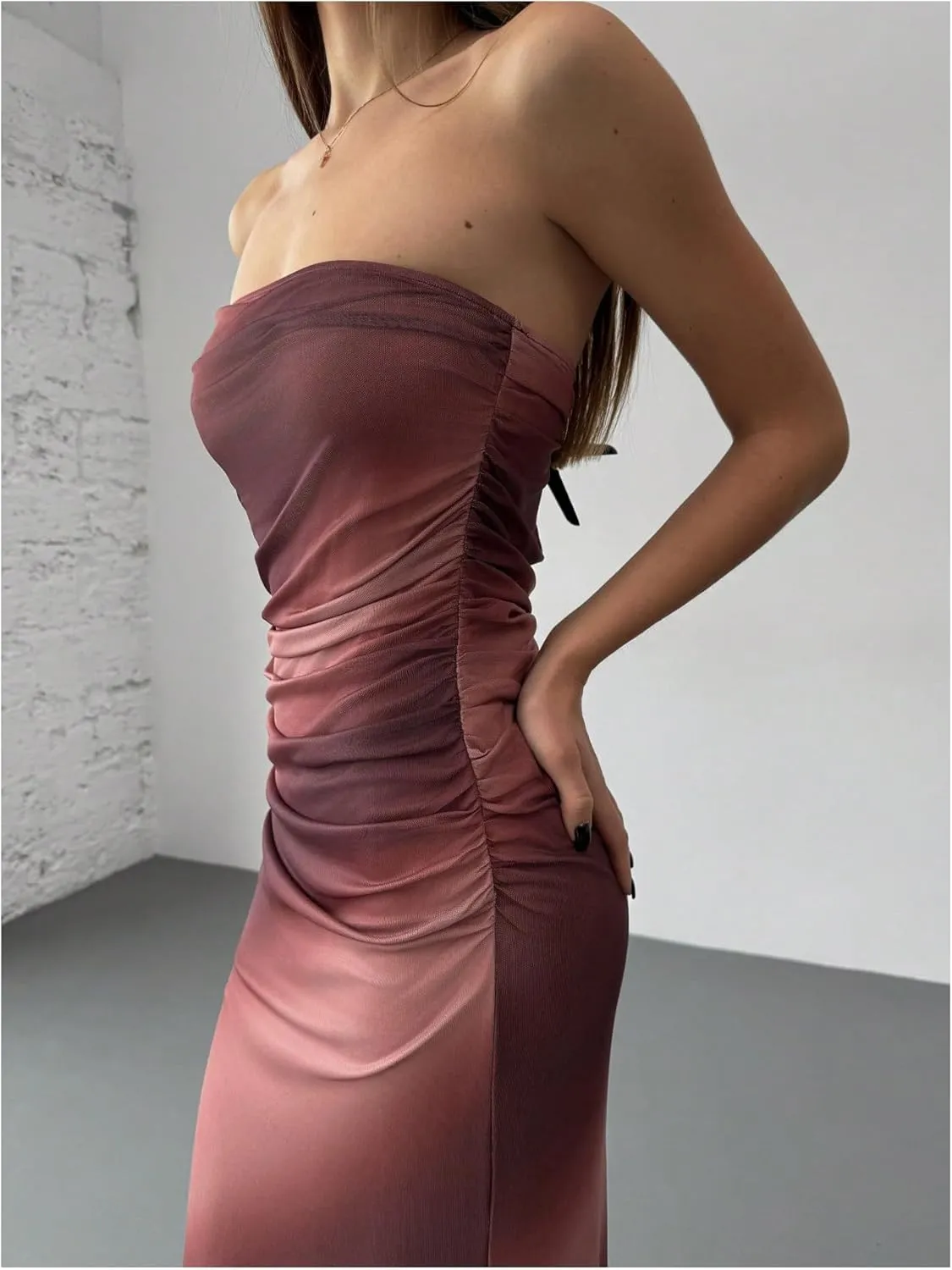 GORGLITTER Women's Mesh Strapless Ruched Bodycon Maxi Dress Wedding Guest Prom Cocktail Summer Y2k Long Tube Dresses
