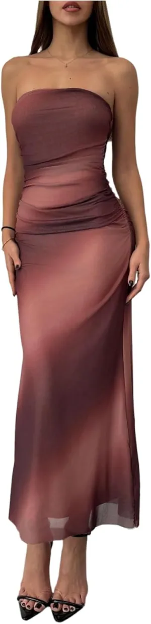 GORGLITTER Women's Mesh Strapless Ruched Bodycon Maxi Dress Wedding Guest Prom Cocktail Summer Y2k Long Tube Dresses