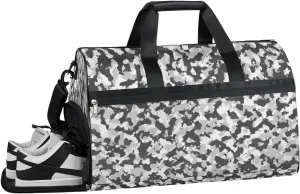 Grey Camo Sports Gym Bag with Wet Pocket & Shoes Compartment Waterproof Workout Duffel Bag for Women and Men Weekender Overnight Duffle Bag Travel Carry-on Tote
