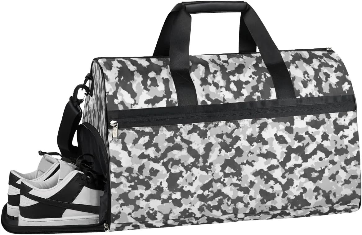 Grey Camo Sports Gym Bag with Wet Pocket & Shoes Compartment Waterproof Workout Duffel Bag for Women and Men Weekender Overnight Duffle Bag Travel Carry-on Tote