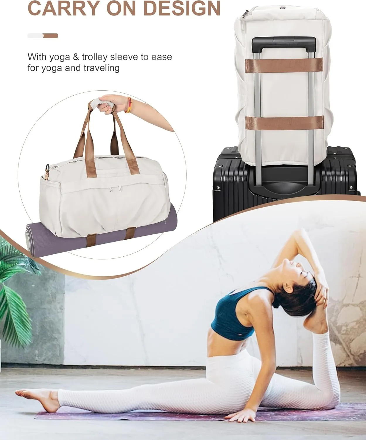 Gym Bag for Women Men with Shoe Compartment, Sport Duffel Bag, Waterproof Travel Weekender Overnight Carry on Bag for Yoga with Trolley Sleeve, Beige Brown, A10-Beige Brown, Shoe Compartment