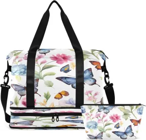 Gym Bag Sports Travel Duffel Bag Weekender Overnight Bag with Wet Pocket Shoes Compartment and Toiletry Bag Colorful Butterfly Pink Flower for Travel, Business,Gym, Yoga