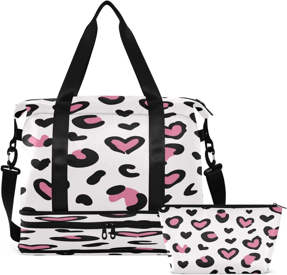 Gym Bag Sports Travel Duffel Bag Weekender Overnight Bag with Wet Pocket Shoes Compartment and Toiletry Bag Leopard Print Hearts for Travel, Business,Gym, Yoga
