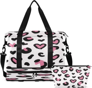Gym Bag Sports Travel Duffel Bag Weekender Overnight Bag with Wet Pocket Shoes Compartment and Toiletry Bag Leopard Print Hearts for Travel, Business,Gym, Yoga