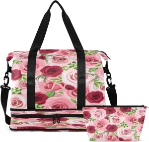 Gym Bag Sports Travel Duffel Bag Weekender Overnight Bag with Wet Pocket Shoes Compartment and Toiletry Bag Red Pink Rose for Travel, Business,Gym, Yoga