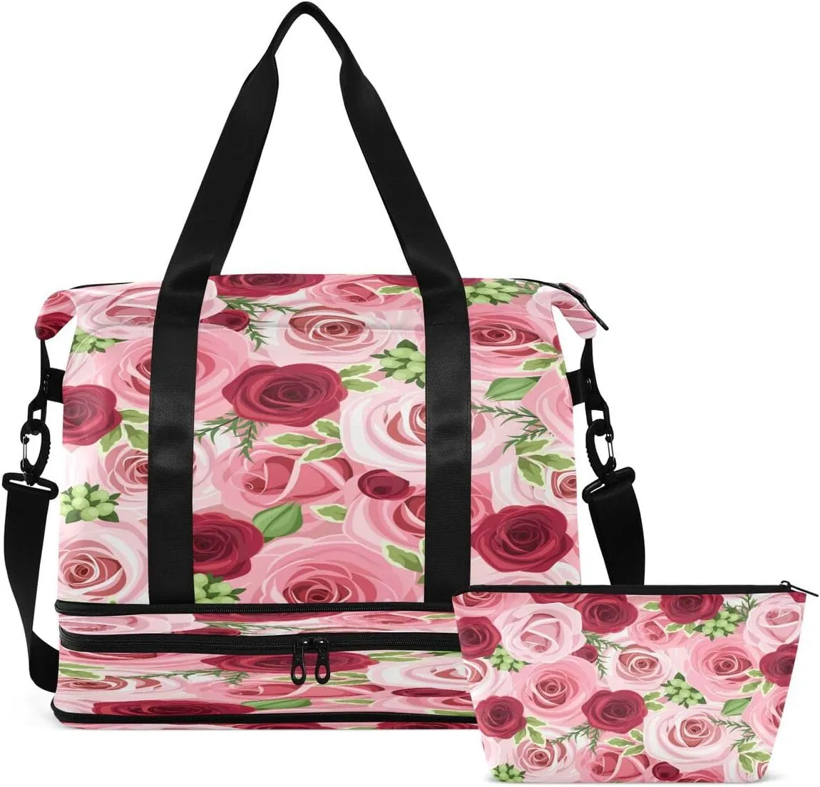 Gym Bag Sports Travel Duffel Bag Weekender Overnight Bag with Wet Pocket Shoes Compartment and Toiletry Bag Red Pink Rose for Travel, Business,Gym, Yoga