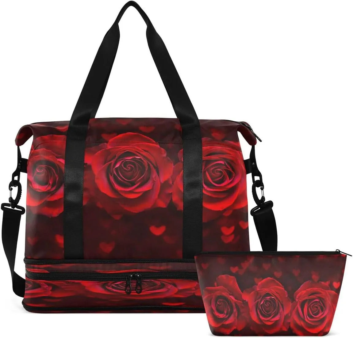 Gym Bag Sports Travel Duffel Bag Weekender Overnight Bag with Wet Pocket Shoes Compartment and Toiletry Bag Red Rose Heart for Travel, Business,Gym, Yoga