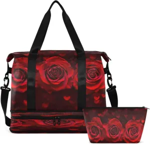 Gym Bag Sports Travel Duffel Bag Weekender Overnight Bag with Wet Pocket Shoes Compartment and Toiletry Bag Red Rose Heart for Travel, Business,Gym, Yoga