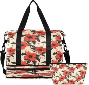 Gym Bag Sports Travel Duffel Bag Weekender Overnight Bag with Wet Pocket Shoes Compartment and Toiletry Bag Red White Flower for Travel, Business,Gym, Yoga