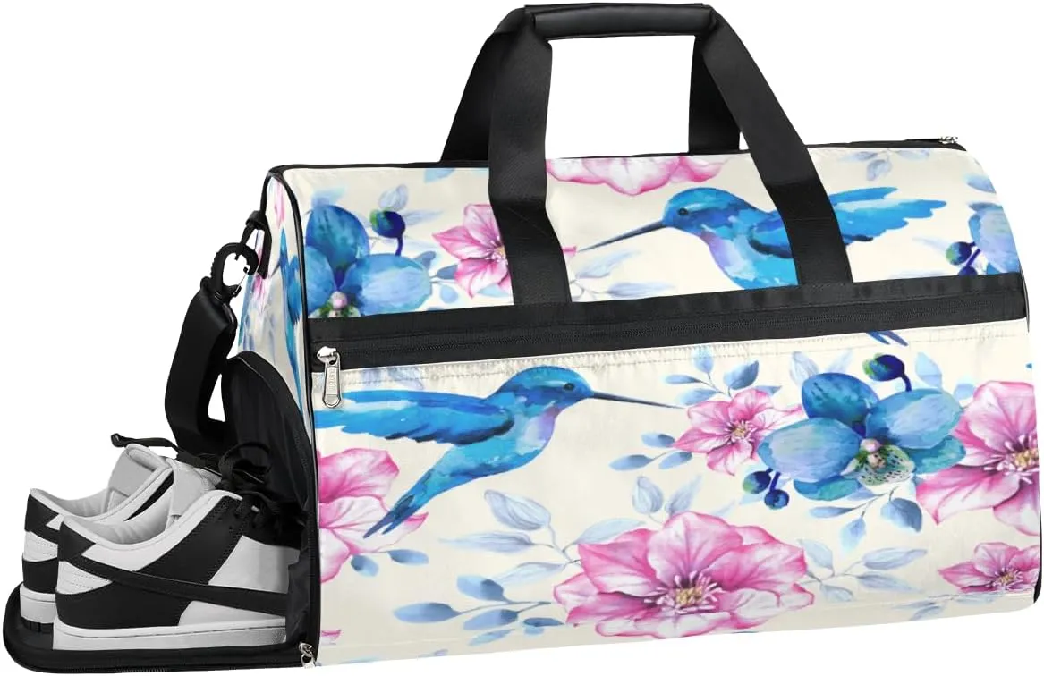 Hummingbird Design Sports Gym Bag with Wet Pocket & Shoes Compartment Waterproof Workout Duffel Bag for Women and Men Weekender Overnight Duffle Bag Travel Carry-on Tote