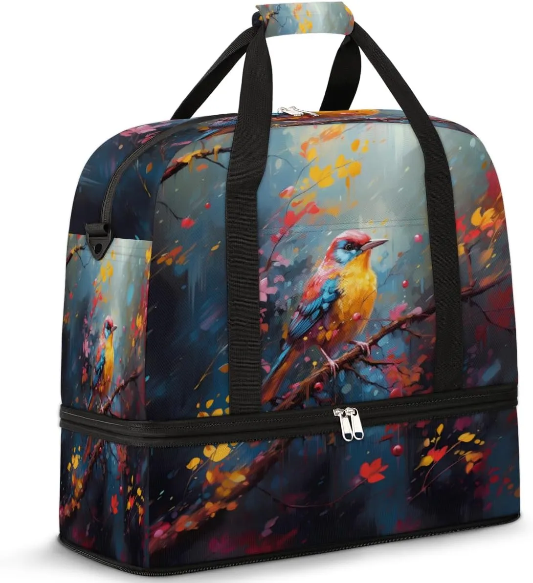 Hummingbird Flower Travel Duffel Bag for Women Men, Watercolor Bird Sports Gym Bag with Shoes Compartment Foldable Overnight Bag Weekender Tote Workout Carry On Luggage Bag