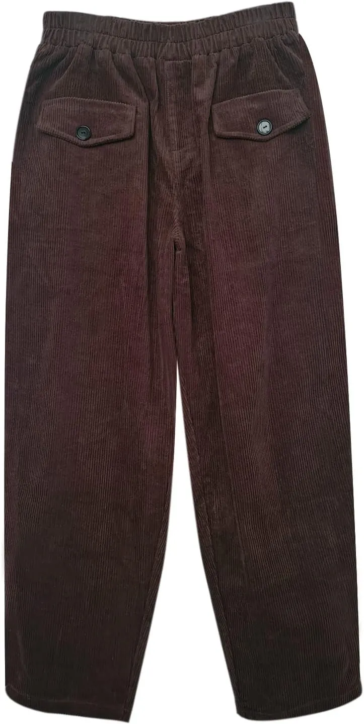 IXIMO Women's Cropped Corduroy Pants Casual Comfy Elastic Waist Cotton Trouser Front Pockets