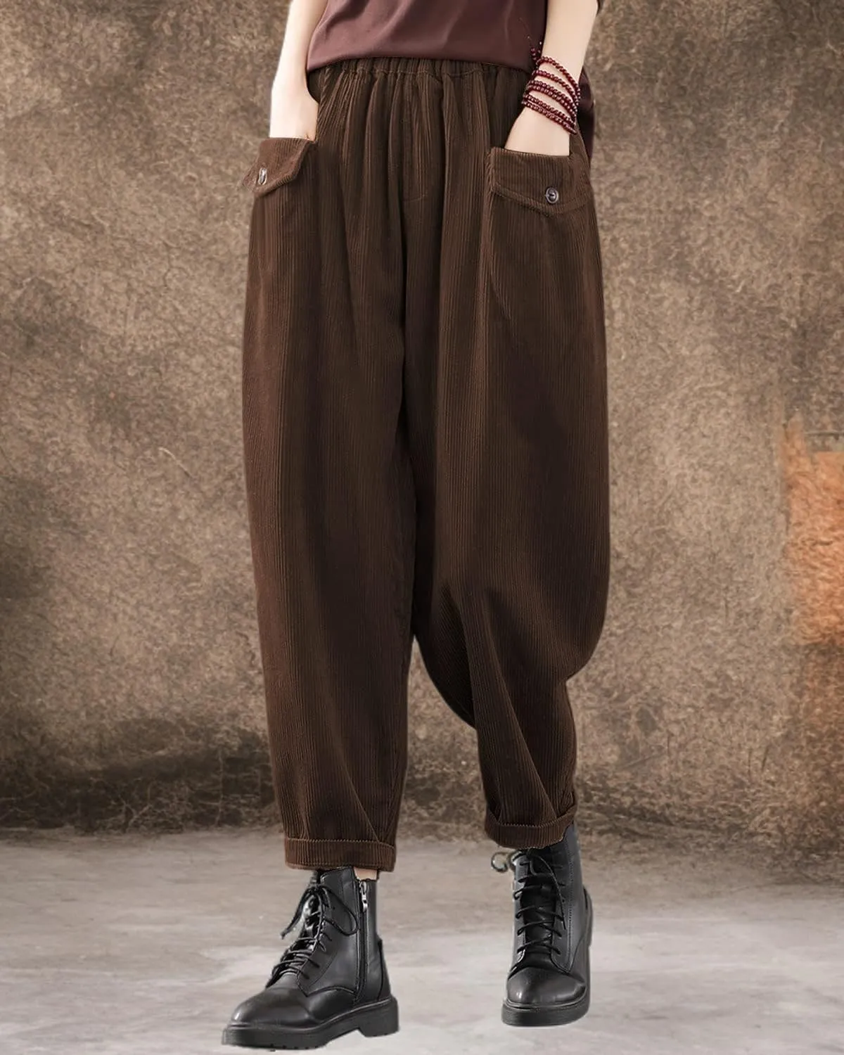 IXIMO Women's Cropped Corduroy Pants Casual Comfy Elastic Waist Cotton Trouser Front Pockets