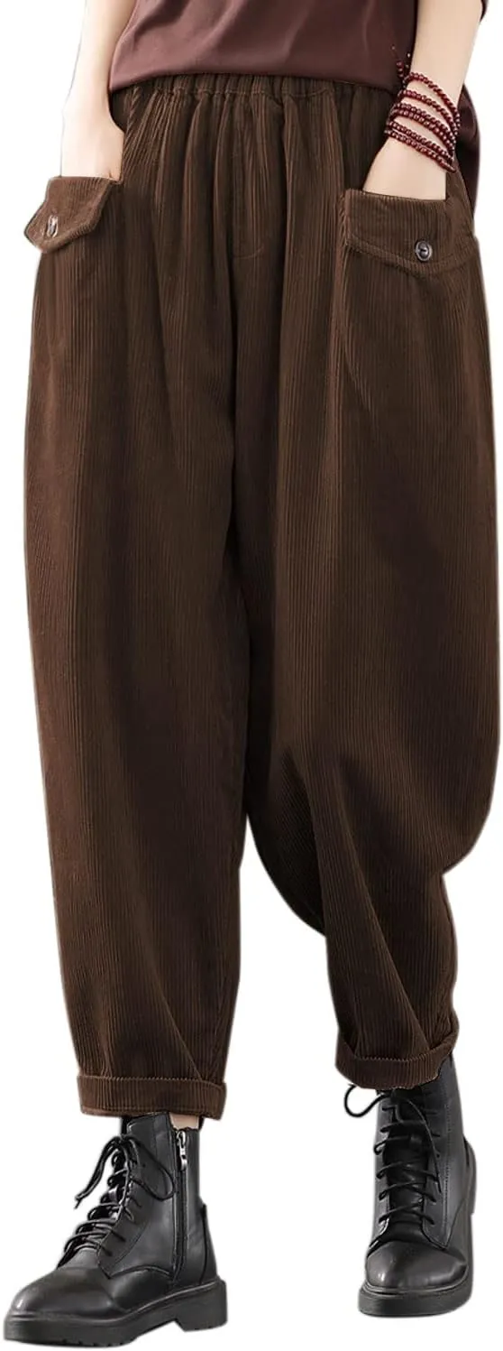IXIMO Women's Cropped Corduroy Pants Casual Comfy Elastic Waist Cotton Trouser Front Pockets