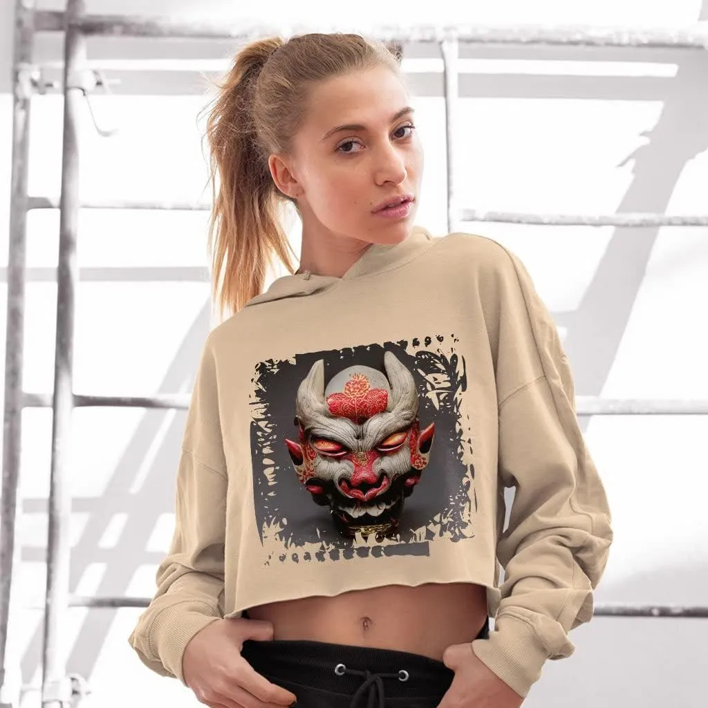 Japanese Street Style Women's Cropped Fleece Hoodie - Mythology Cropped Hoodie for Women - Printed Hooded Sweatshirt