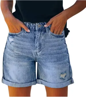Jean Shorts Womens Distressed Denim Button Front Pocket Details High Waist Slim Fit for Street Style