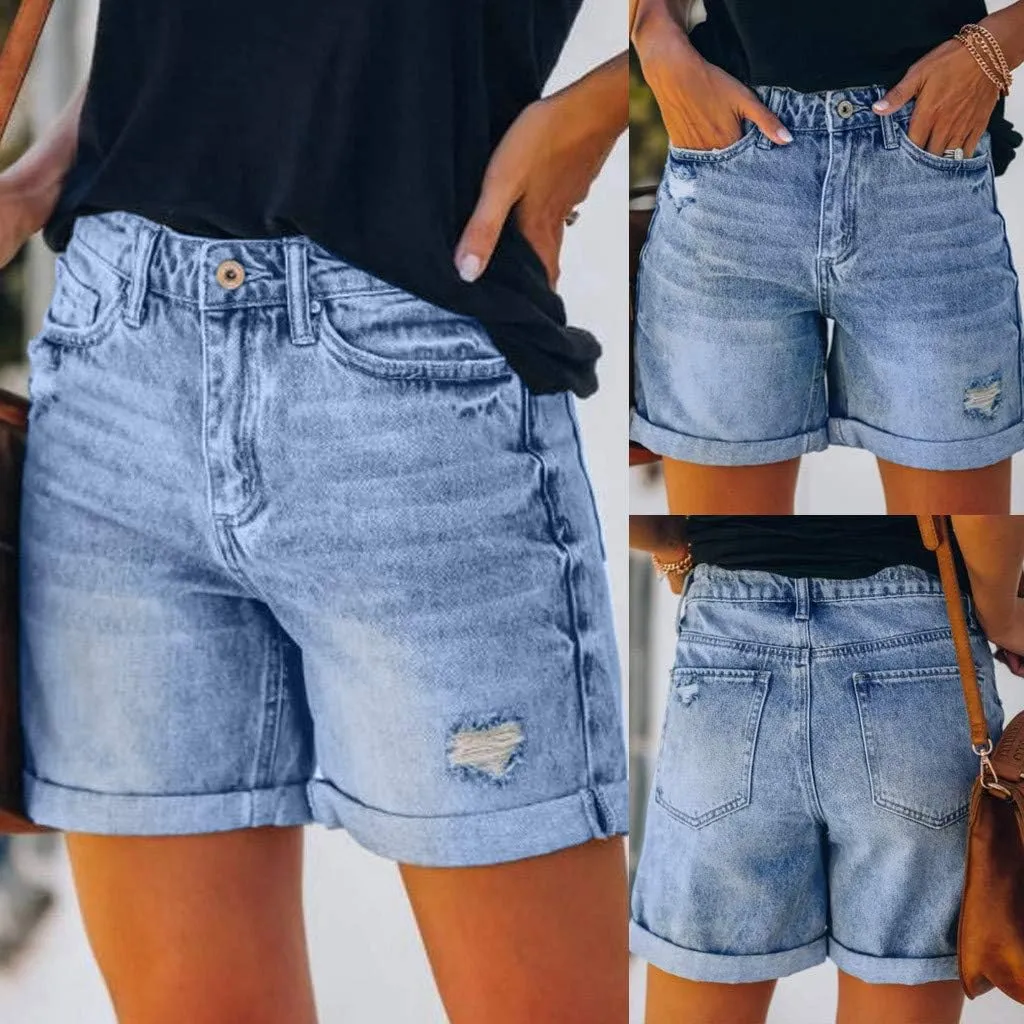 Jean Shorts Womens Distressed Denim Button Front Pocket Details High Waist Slim Fit for Street Style