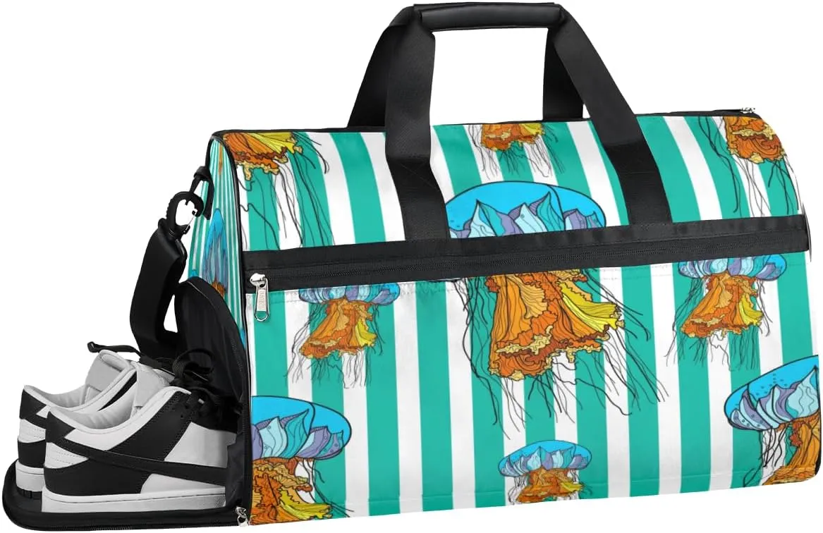 Jellyfish Animals Sports Gym Bag with Wet Pocket & Shoes Compartment Waterproof Workout Duffel Bag for Women and Men Weekender Overnight Duffle Bag Travel Carry-on Tote