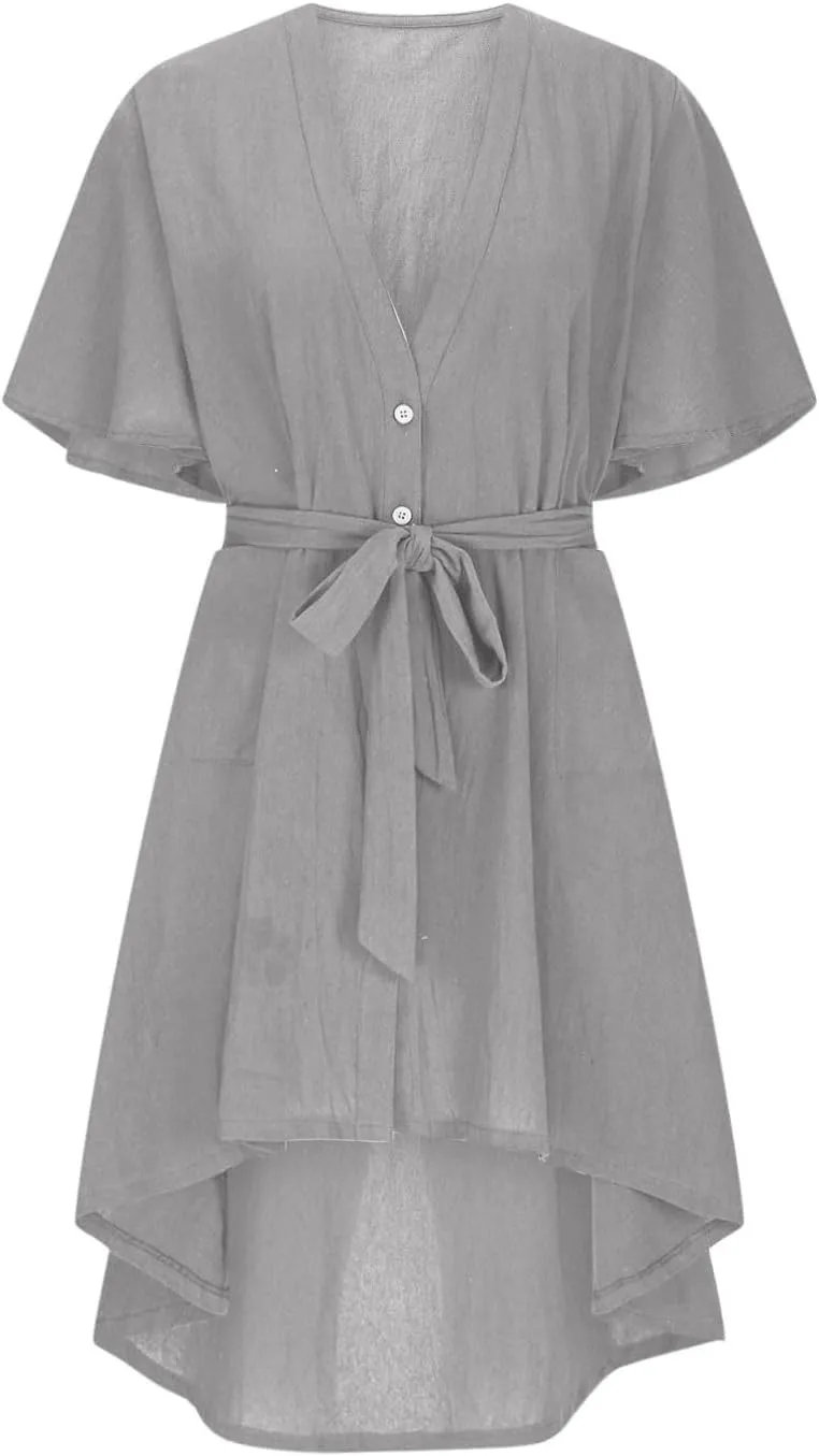 JOAU Beach Cover Ups Dress Women V Neck Short Sleeve Button Shirt Dresses Summer Belted High-Low Hem Swimsuit Coverup Dress