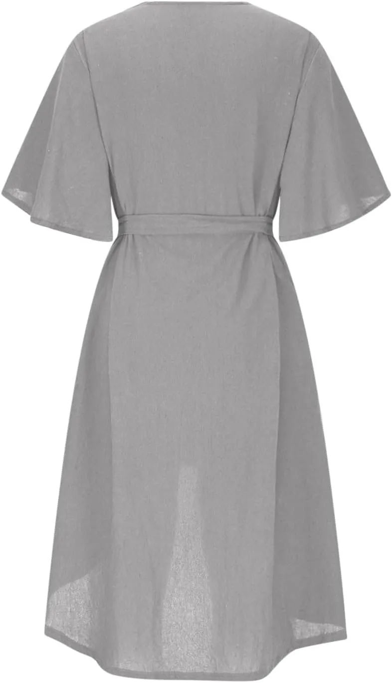JOAU Beach Cover Ups Dress Women V Neck Short Sleeve Button Shirt Dresses Summer Belted High-Low Hem Swimsuit Coverup Dress