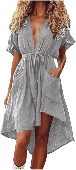 JOAU Beach Cover Ups Dress Women V Neck Short Sleeve Button Shirt Dresses Summer Belted High-Low Hem Swimsuit Coverup Dress