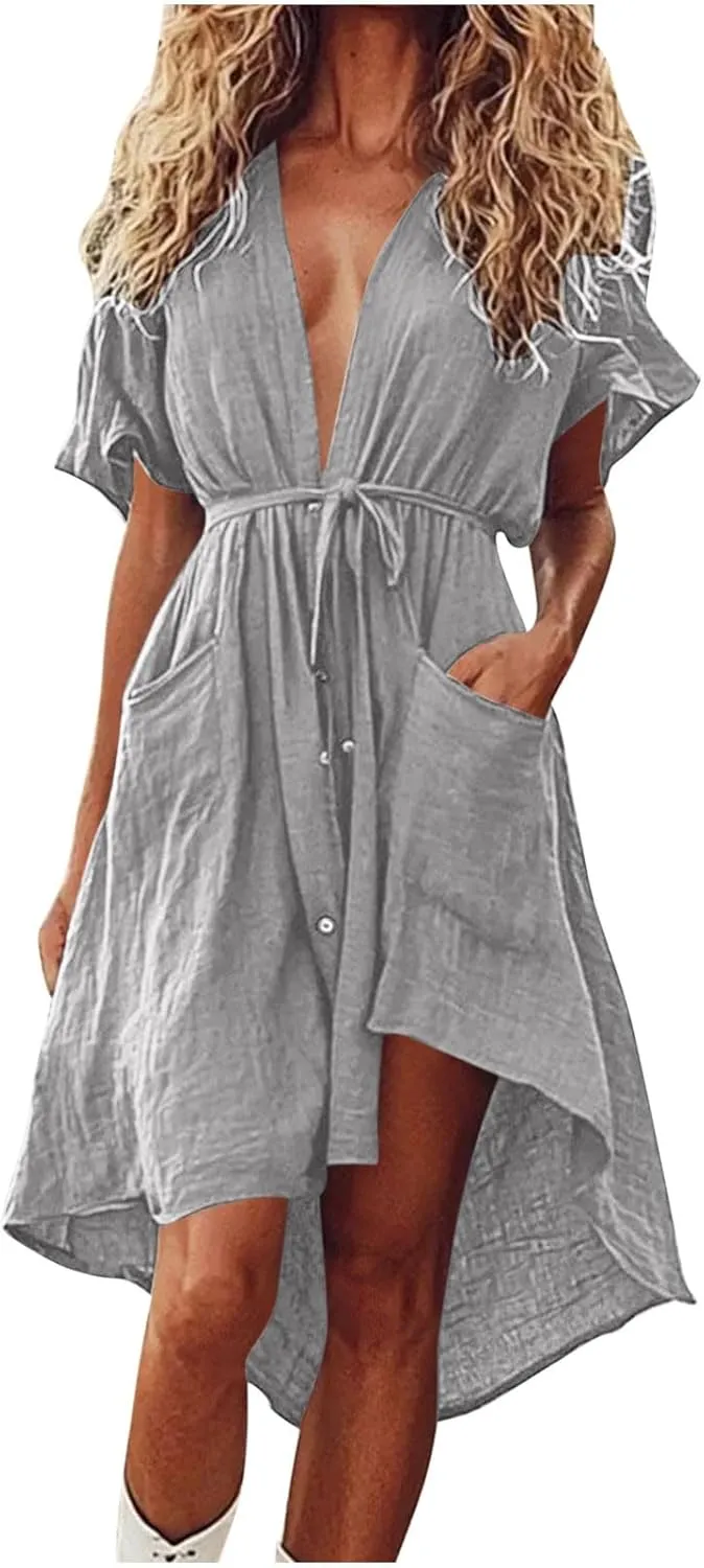 JOAU Beach Cover Ups Dress Women V Neck Short Sleeve Button Shirt Dresses Summer Belted High-Low Hem Swimsuit Coverup Dress