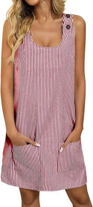 JOAU Womens Summer Sleeveless Adjustable Button Strap Mini Tank Dress with Pockets Casual Short A Line Striped Sundress 2025