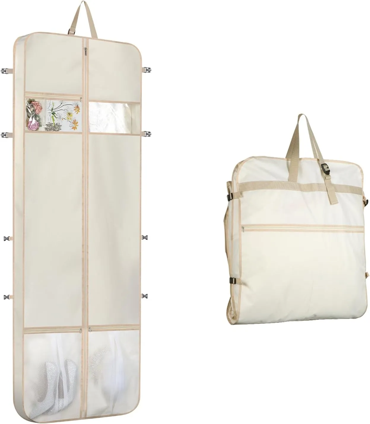 KEEGH Long Garment Bag, 60 x 182 cm, Wedding Dress, Encrypted Oxford Cloth, Waterproof Band, 2 Large Mesh Pockets, Foldable Travel Garment Bag for Evening Dresses, Wedding Dresses, Beige