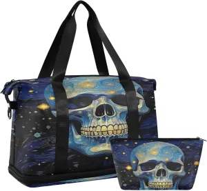 Kigai Art Starry Sky Skull Gym Bag for Women & Men,Waterproof Weekender Overnight Bag with Shoes Compartment Sports Duffel Bag for Gym Yoga Swimming Camping