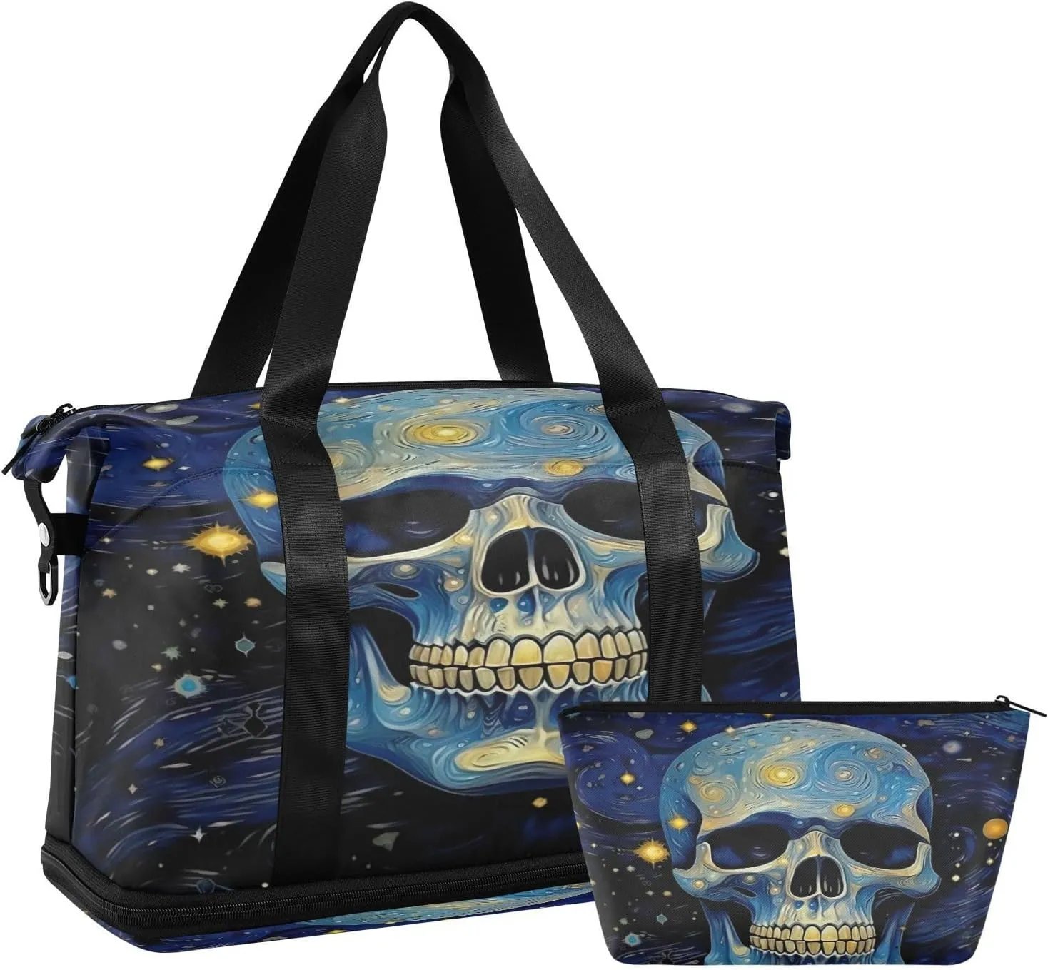Kigai Art Starry Sky Skull Gym Bag for Women & Men,Waterproof Weekender Overnight Bag with Shoes Compartment Sports Duffel Bag for Gym Yoga Swimming Camping