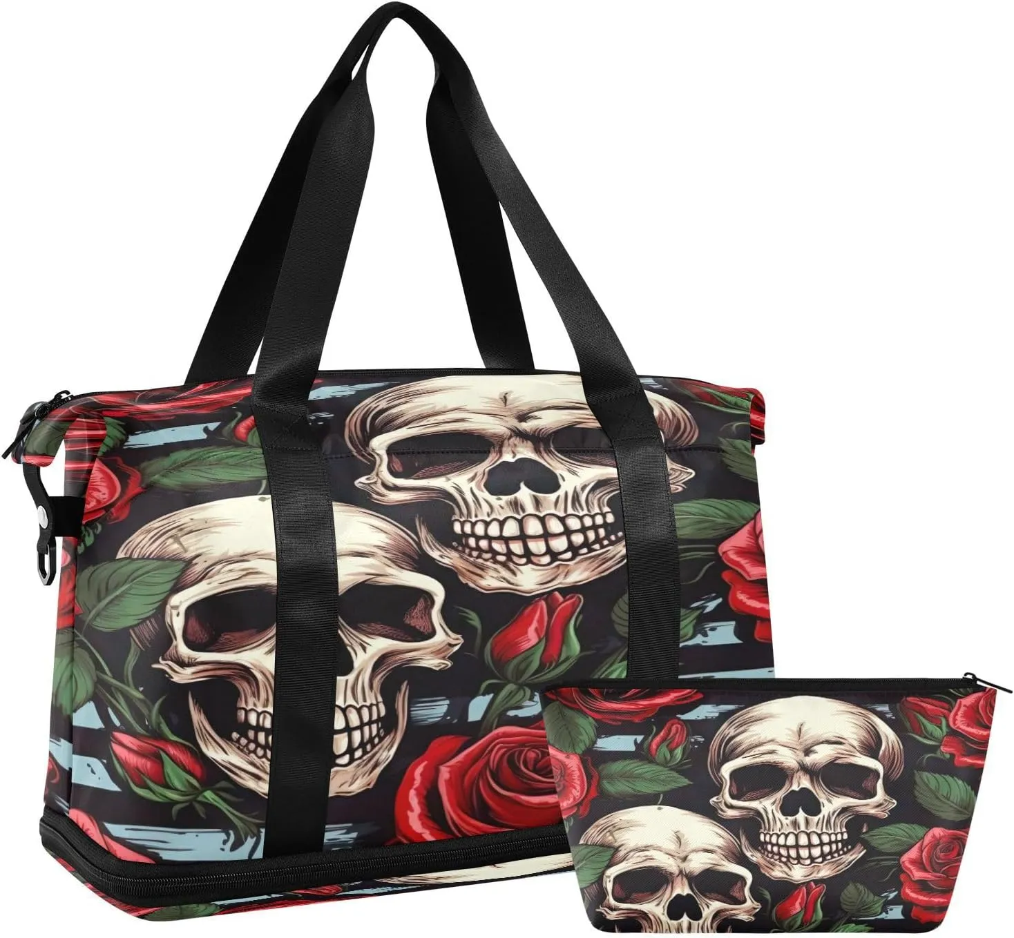 Kigai Beautiful Rose and Skull Gym Bag for Women & Men,Waterproof Weekender Overnight Bag with Shoes Compartment Sports Duffel Bag for Gym Yoga Swimming Camping