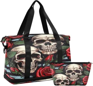 Kigai Beautiful Rose and Skull Gym Bag for Women & Men,Waterproof Weekender Overnight Bag with Shoes Compartment Sports Duffel Bag for Gym Yoga Swimming Camping