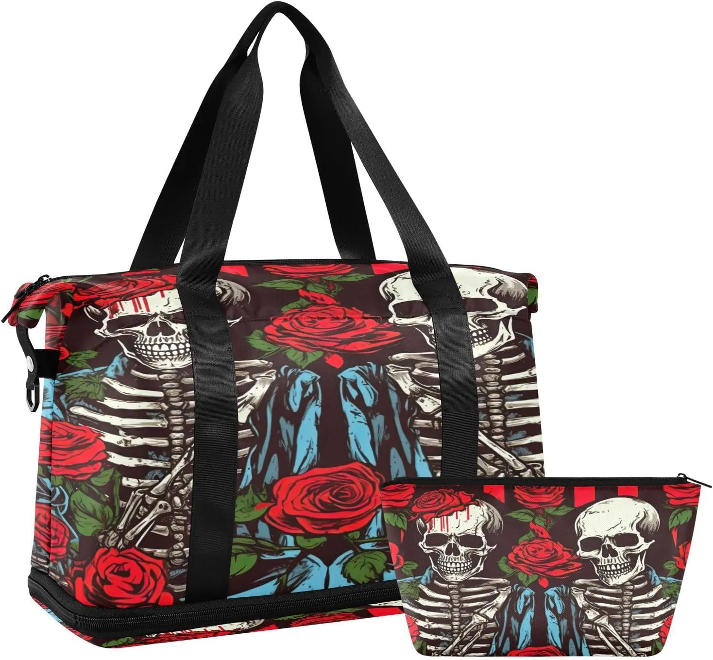 Kigai Beautiful Rose and Skull Gym Bag for Women & Men,Waterproof Weekender Overnight Bag with Shoes Compartment Sports Duffel Bag for Gym Yoga Swimming Camping