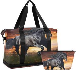 Kigai Running Herds Of Horses Gym Bag for Women & Men,Waterproof Weekender Overnight Bag with Shoes Compartment Sports Duffel Bag for Gym Yoga Swimming Camping