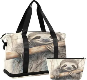 Kigai Sloth on The Branch Gym Bag for Women & Men,Waterproof Weekender Overnight Bag with Shoes Compartment Sports Duffel Bag for Gym Yoga Swimming Camping